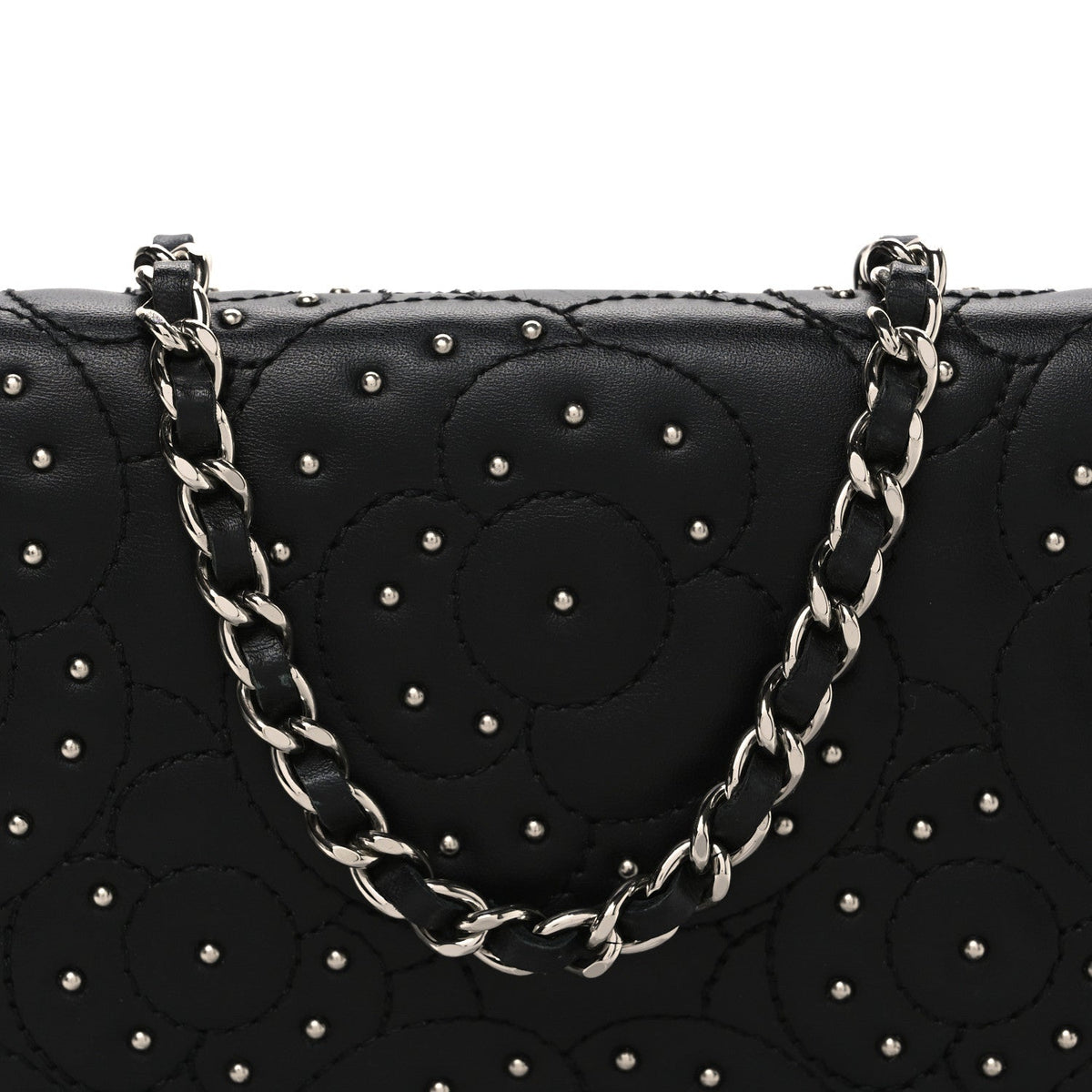 Lambskin Camellia Studded Wallet on Chain WOC Black