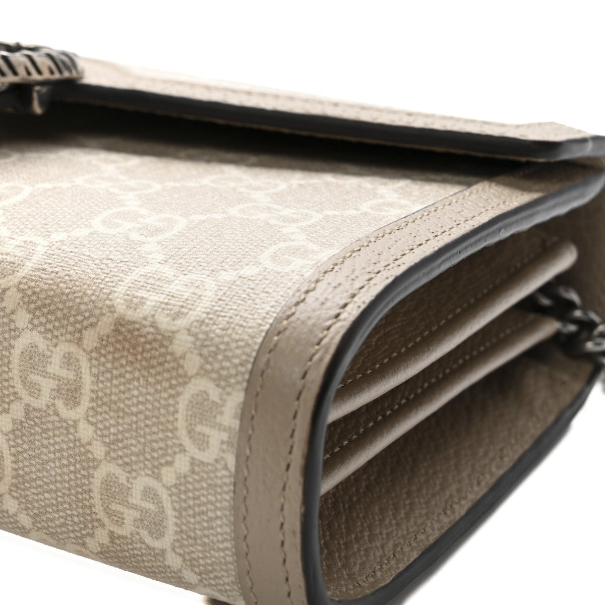 GG Supreme Monogram Textured Dollar Calfskin Mini Dionysus Chain Wallet Beige Mystic White Oatmeal