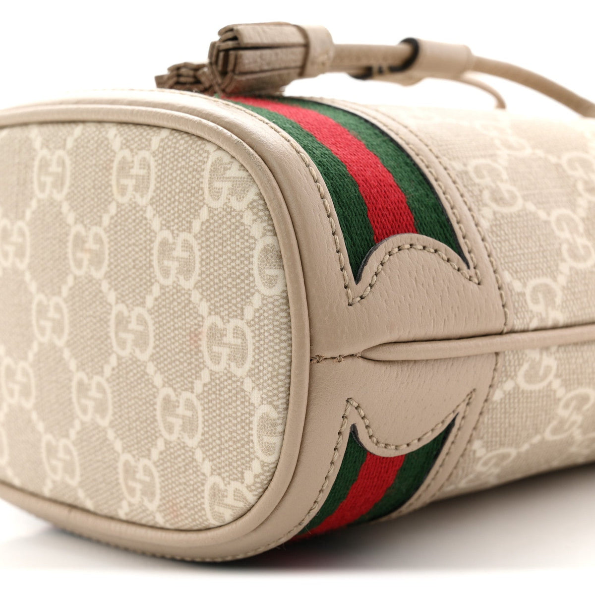 GG Supreme Monogram Textured Calfskin Web Mini Ophidia Bucket Bag Beige Ebony Mystic White Oatmeal