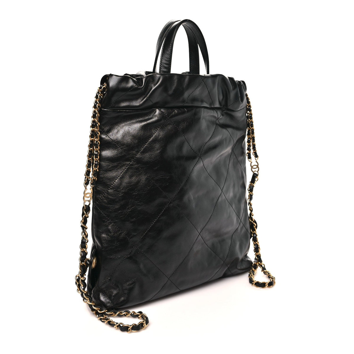 Shiny Calfskin Quilted Chanel 22 Backpack Black