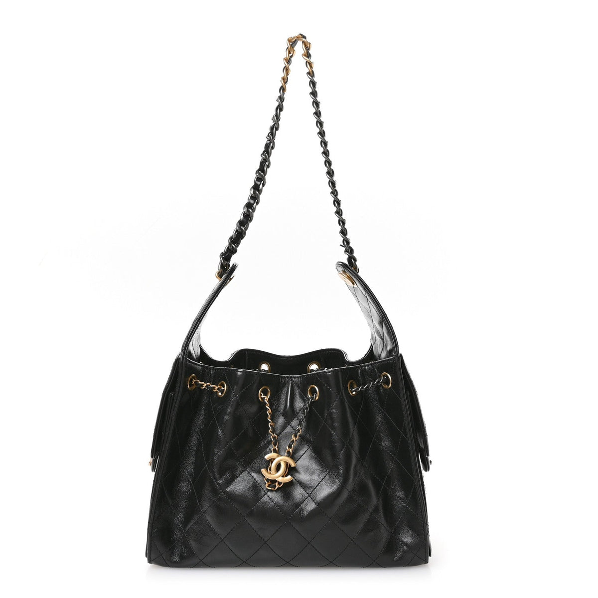 Shiny Crumpled Calfskin Quilted Small Chanel 25 Handbag Black