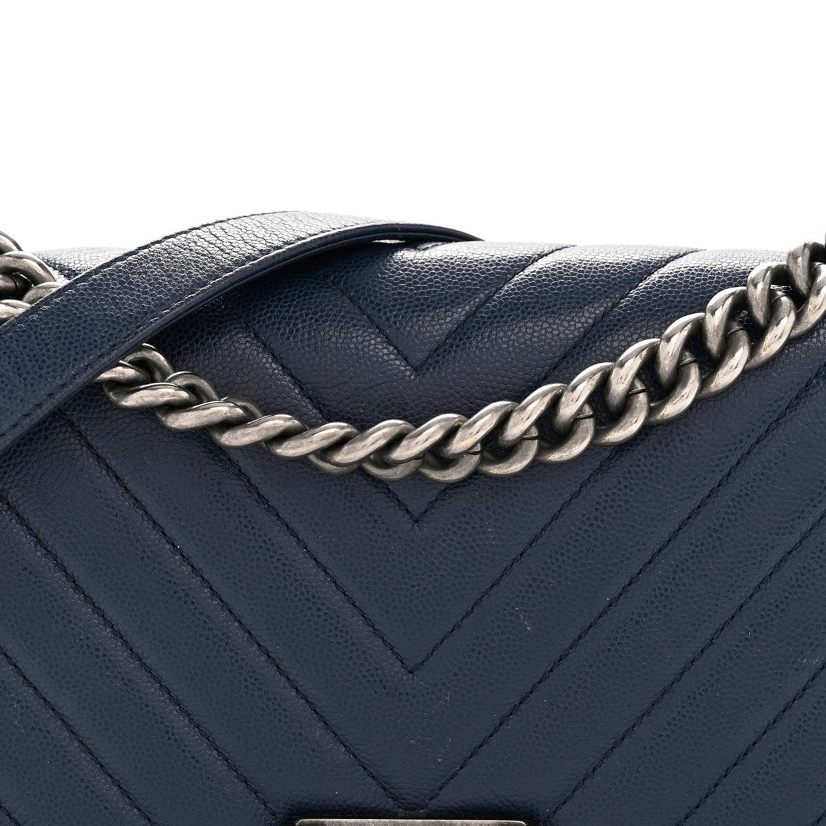 Caviar Chevron Quilted Medium Boy Flap Navy