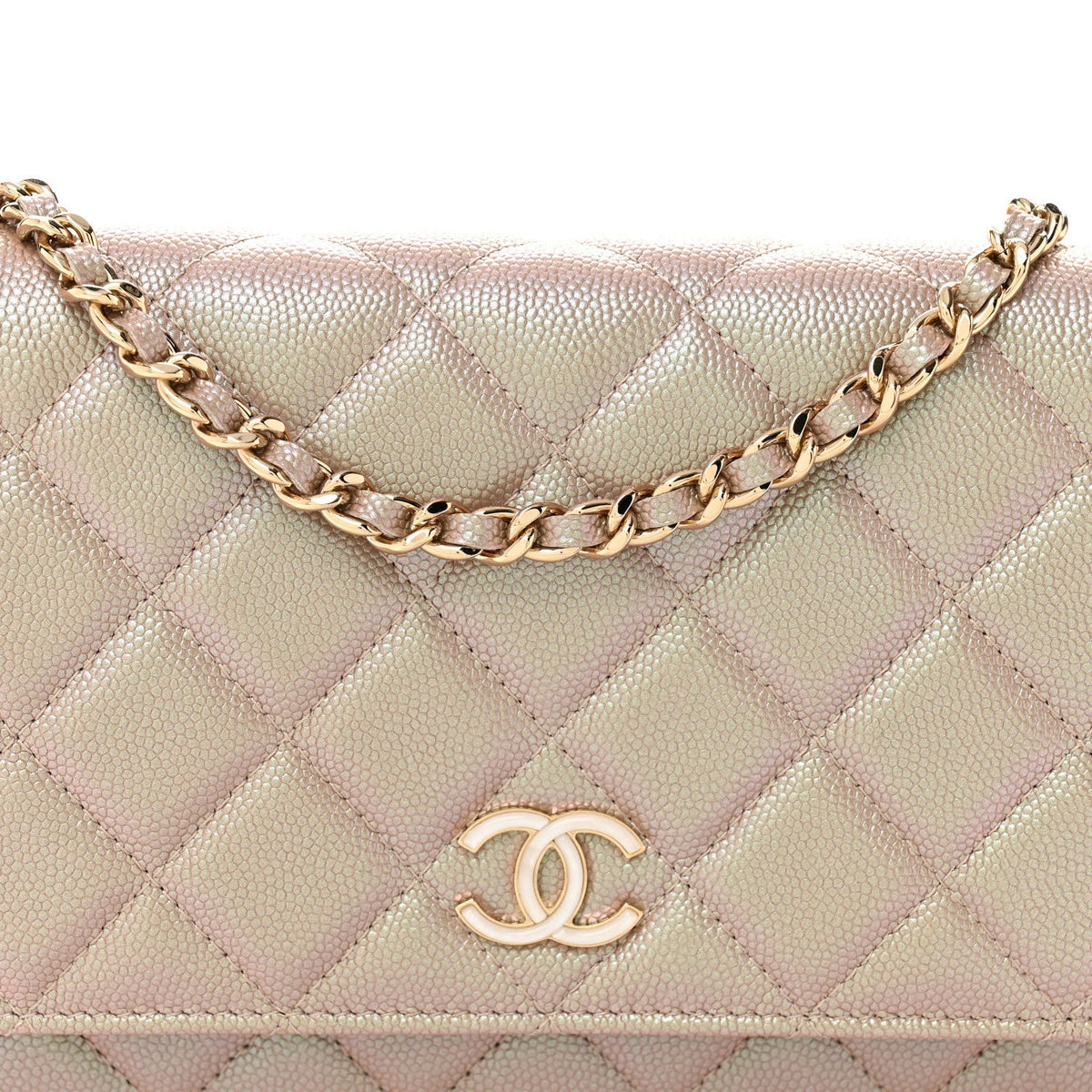 Iridescent Caviar Quilted Wallet on Chain WOC Beige