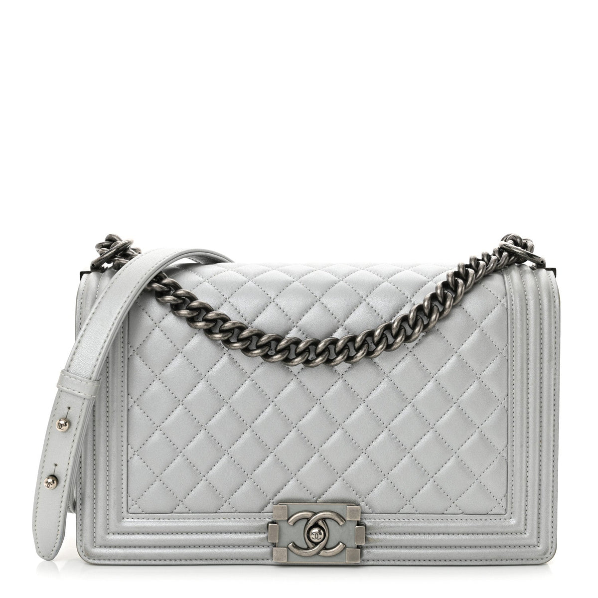 Metallic Calfskin Quilted New Medium Plexiglass Boy Flap Silver
