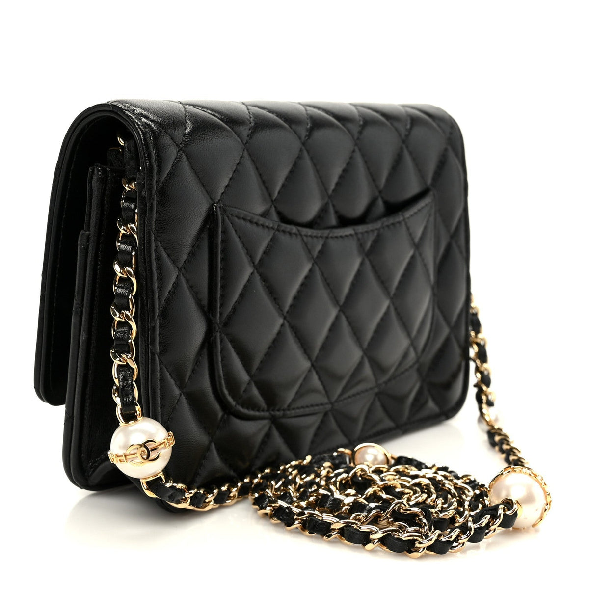 Shiny Lambskin Quilted CC Pearl Wallet on Chain WOC Black