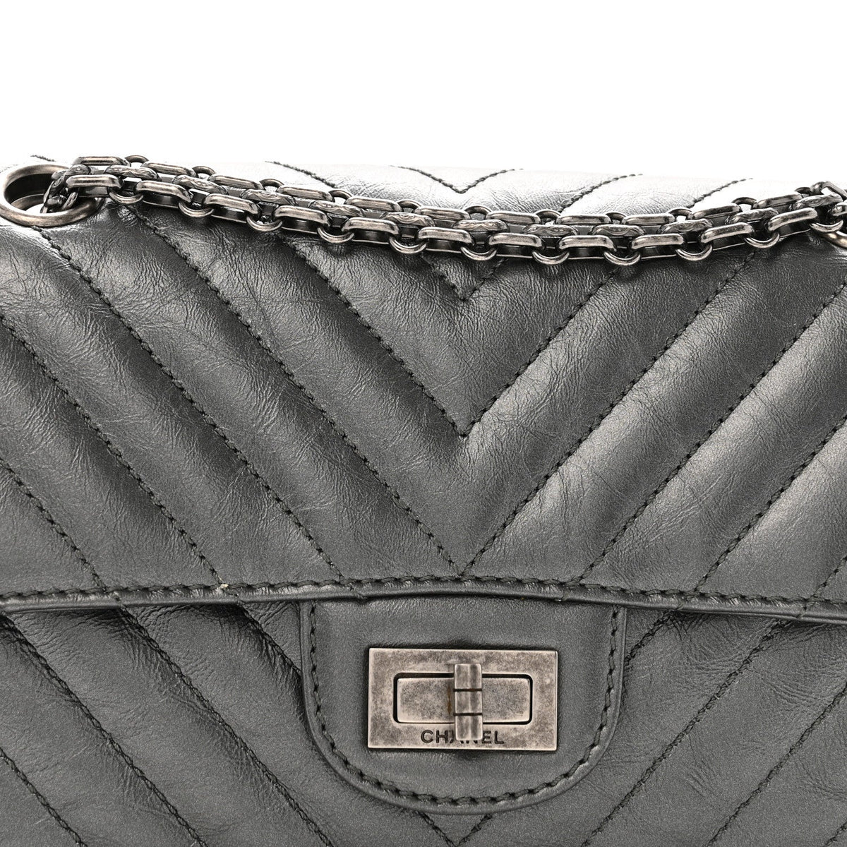 Metallic Aged Calfskin Chevron Quilted 2.55 Reissue Mini Flap Grey