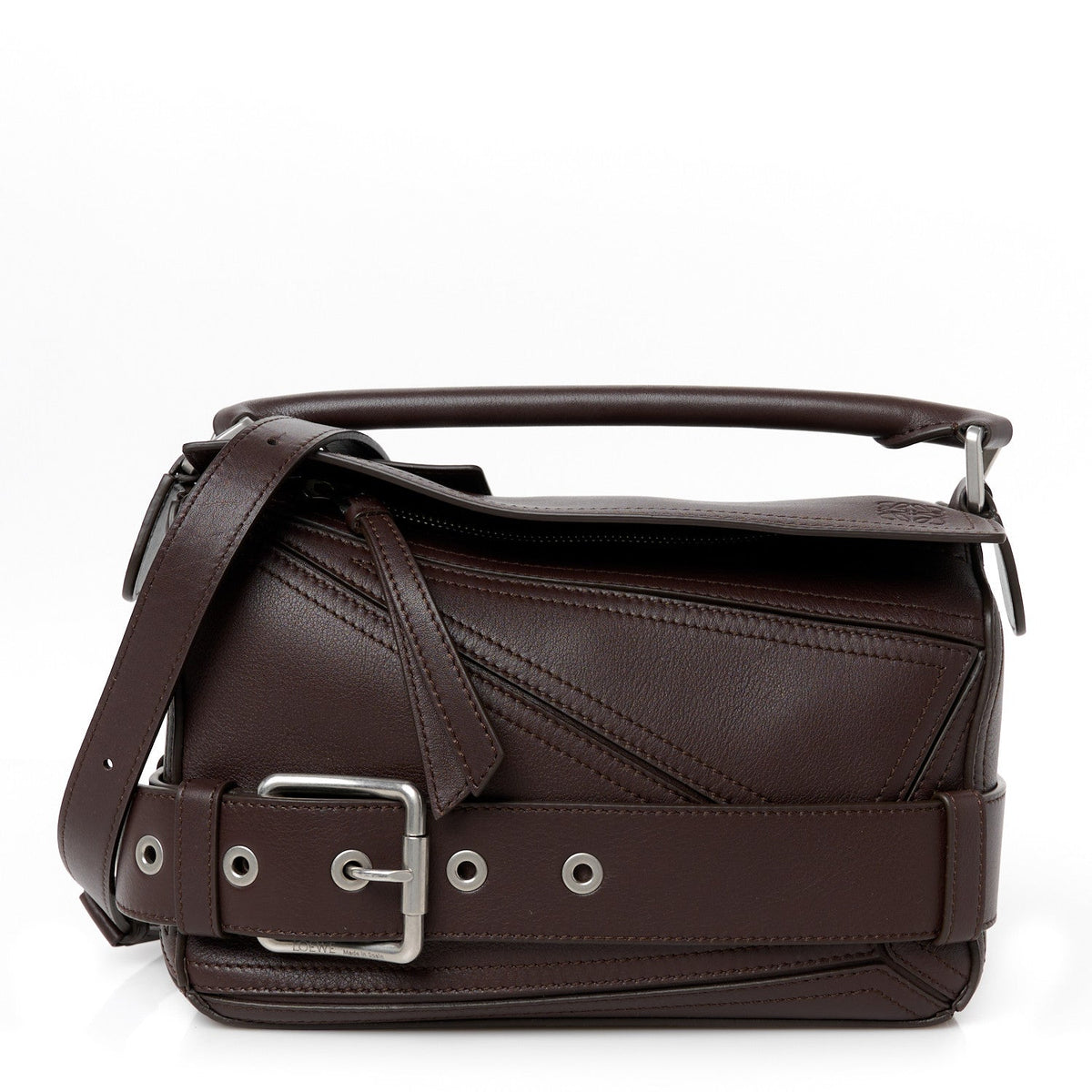 Shiny Calfskin Small Puzzle Biker Bag Dark Brown