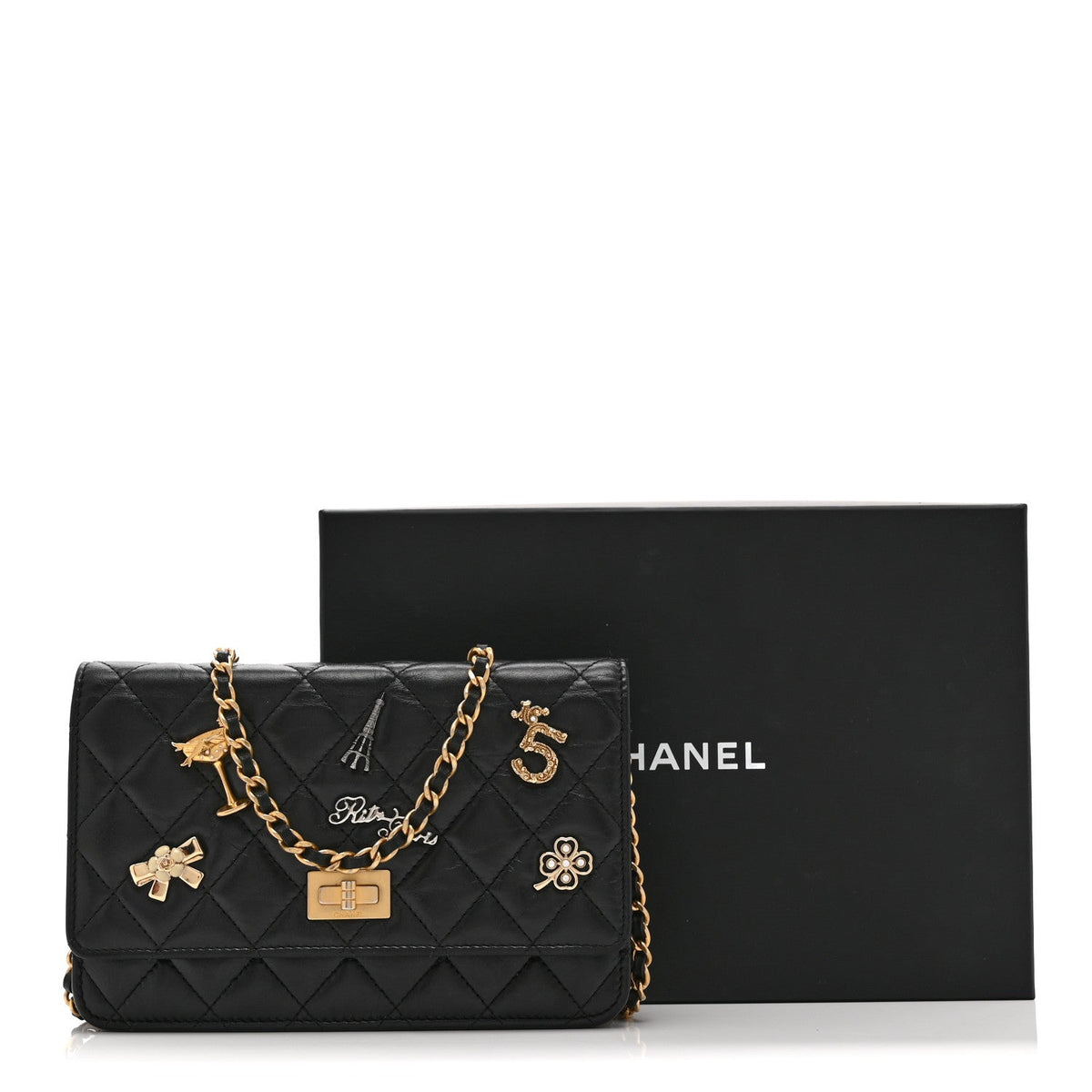Aged Calfskin Quilted Lucky Charms 2.55 Reissue Wallet On Chain WOC Black