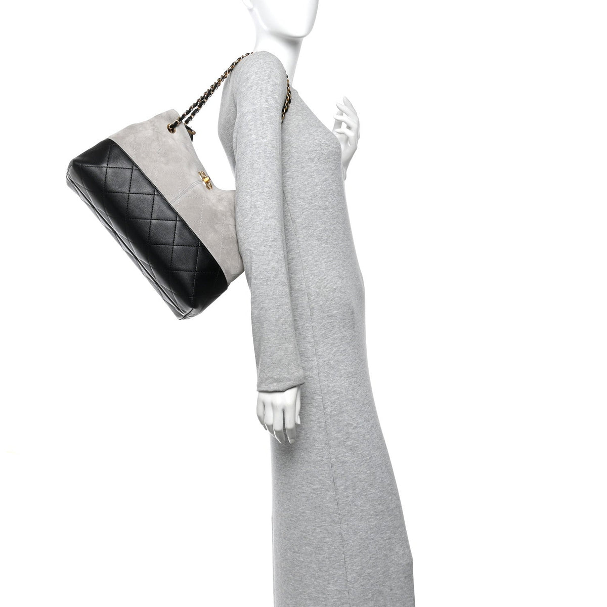 Suede Calfskin Shiny Lambskin Quilted Small Coco Base Shopping Bag Grey Black