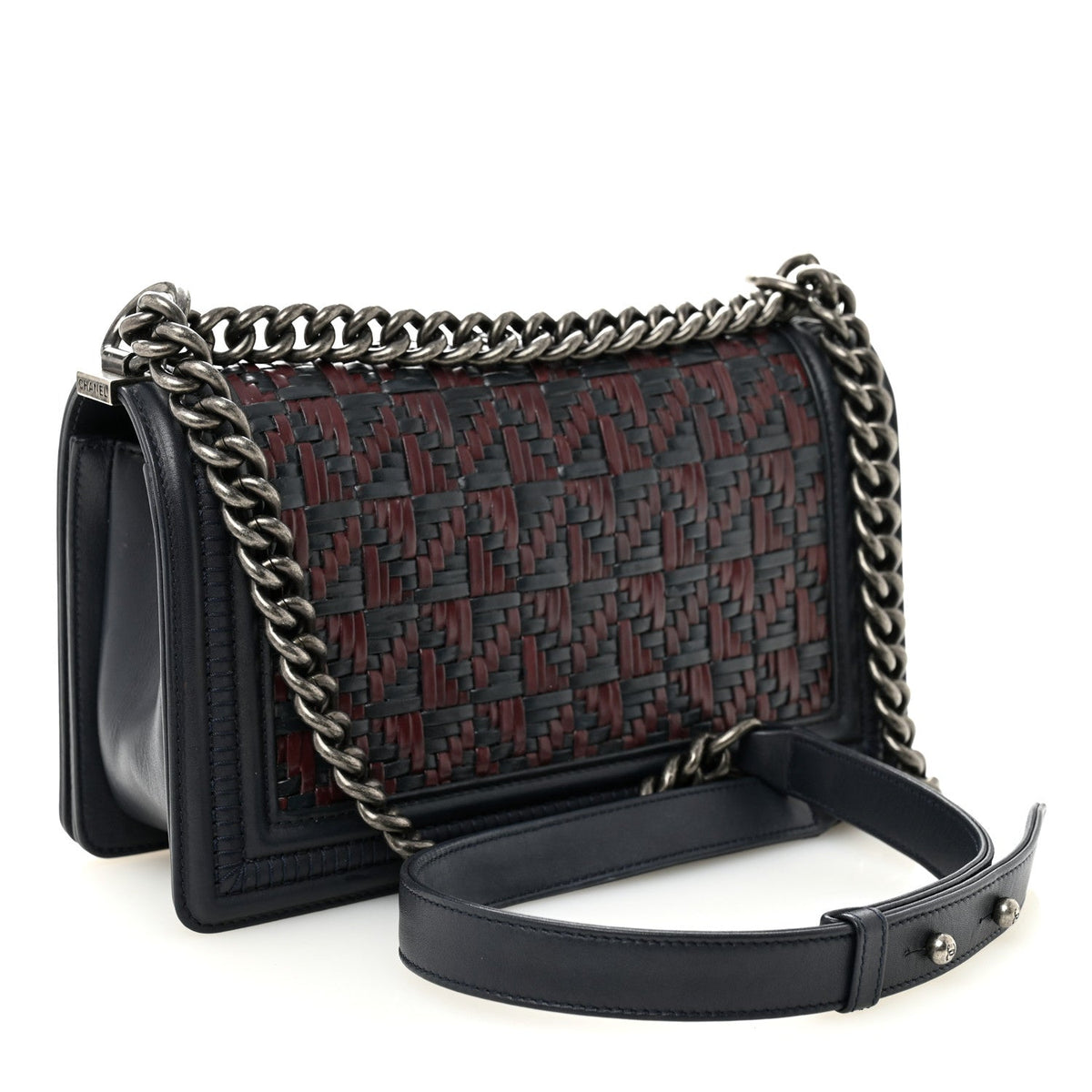 Calfskin Woven Medium Boy Flap Blue Burgundy