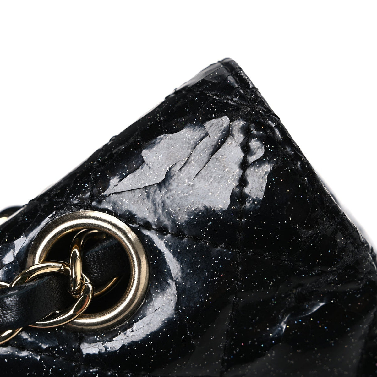 Patent Quilted Sparkle Glitter Medium Double Flap Black