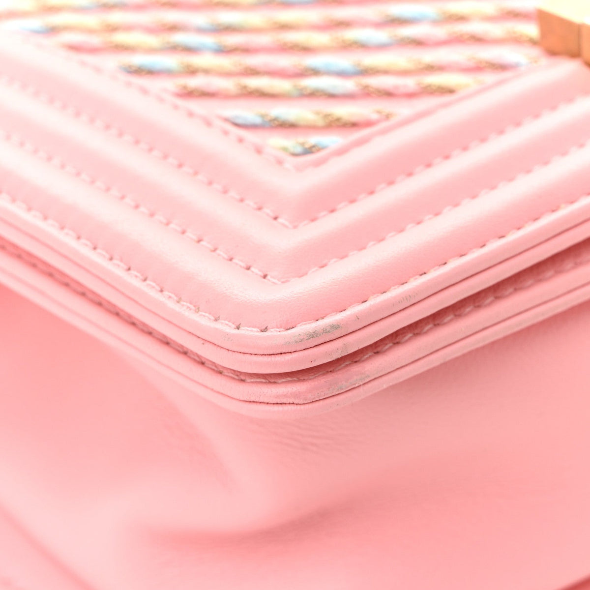 Calfskin Chevron Embroidered Small Boy By The Sea Flap Pink