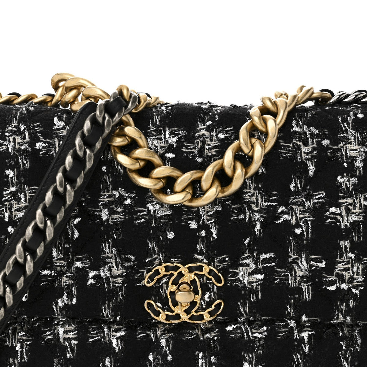 Tweed Quilted Large Chanel 19 Flap Black Silver Ecru
