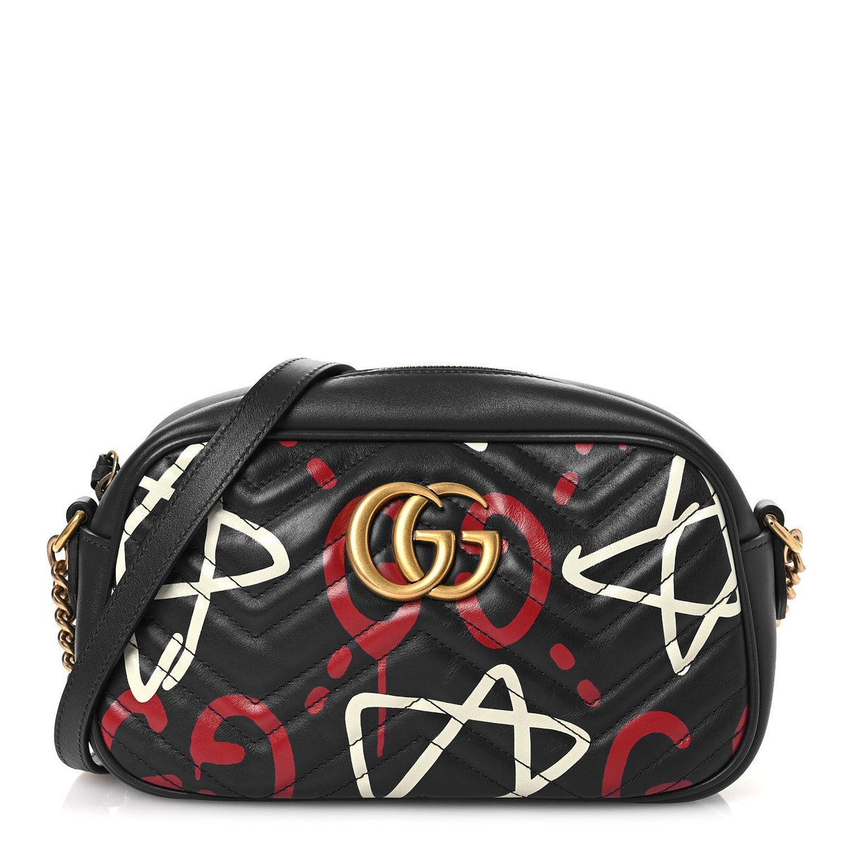 Calfskin Matelasse GucciGhost Small GG Marmont Chain Shoulder Bag  Black Hibiscus Red