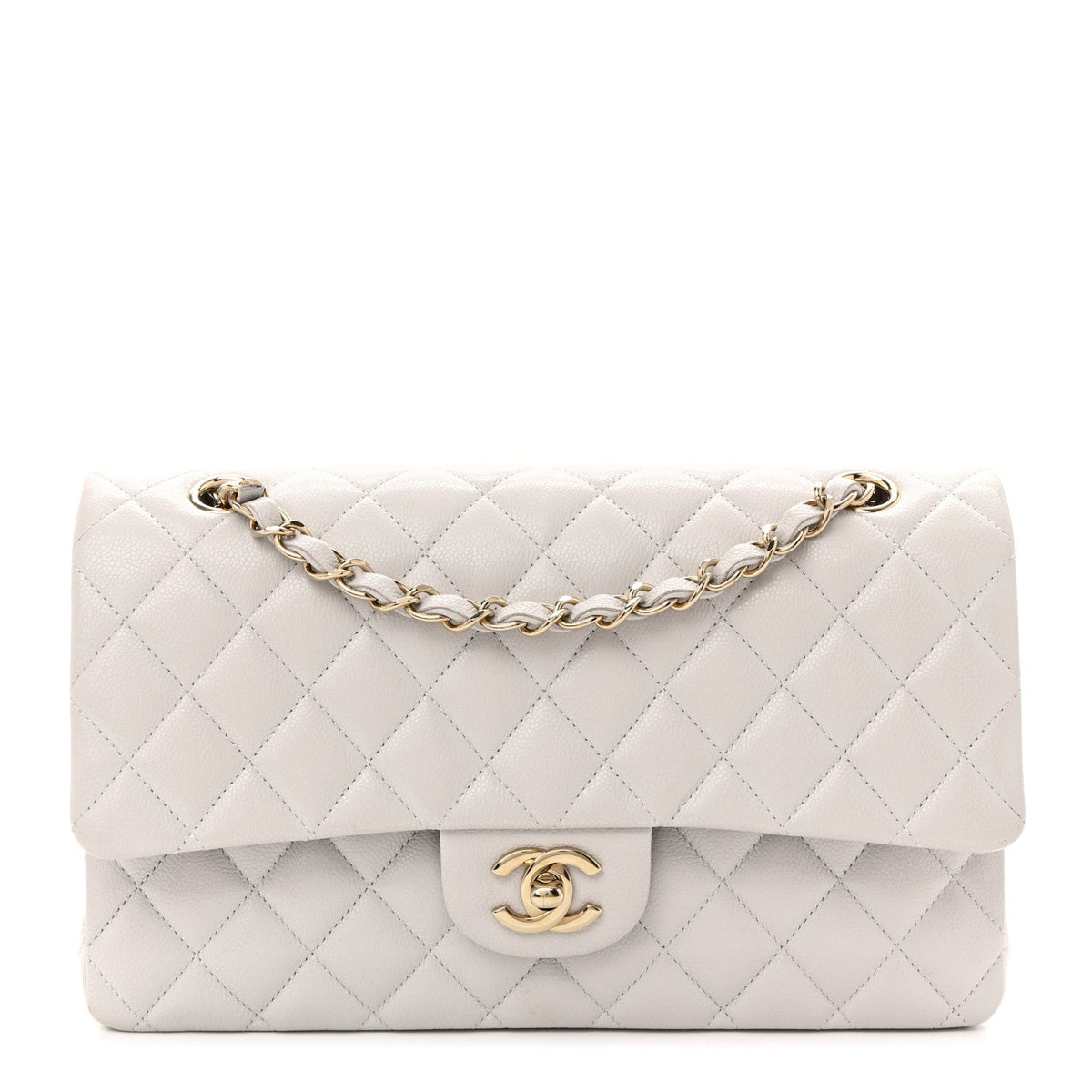 Caviar Quilted Medium Double Flap Light Grey