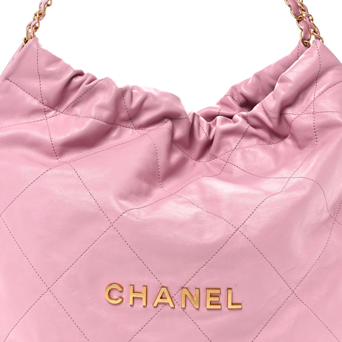 Shiny Calfskin Quilted Chanel 22 Drawstring Bag Pink