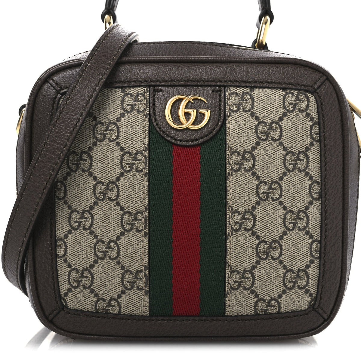GG Supreme Monogram Textured Dollar Calfskin Mini Ophidia Top Handle Square Shoulder Bag Beige Ebony New Acero