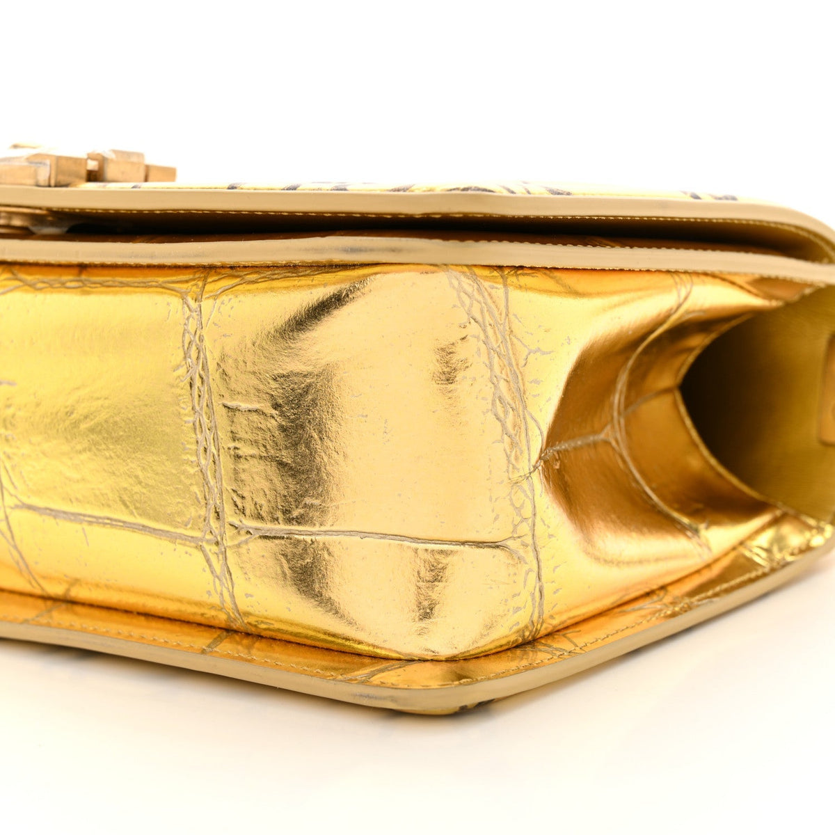Metallic Calfskin Crocodile Embossed Graffiti Medium Cocodile Boy Flap Gold