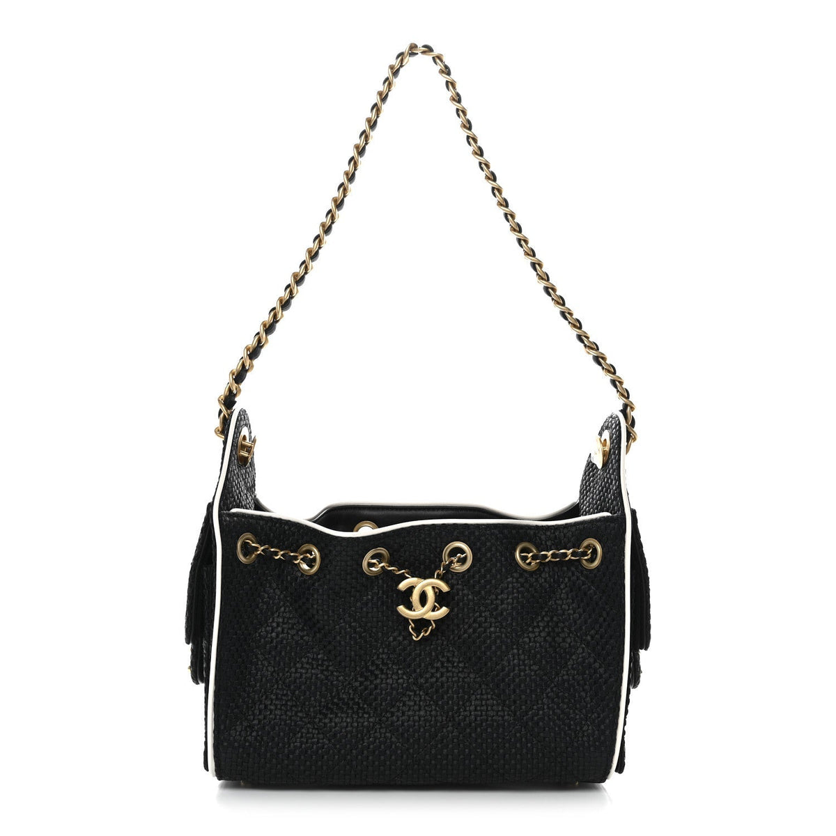 Braided Raffia Calfskin Quilted Mini Chanel 25 Handbag Black White