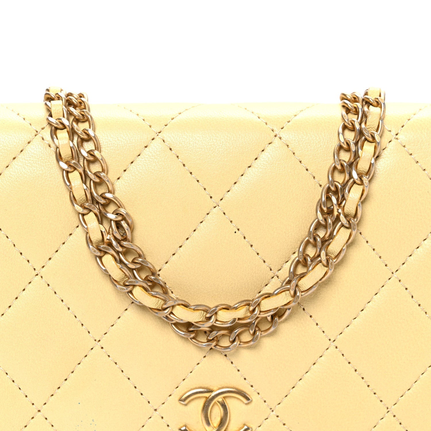 Lambskin Quilted Enamel Wallet On Chain WOC Yellow