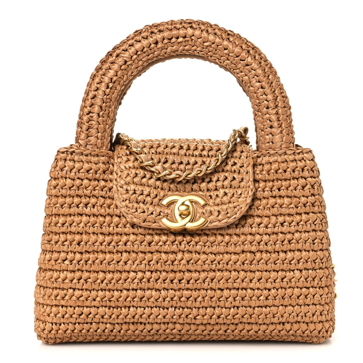 Braided Raffia Nano Kelly Flap Bag Dark Beige