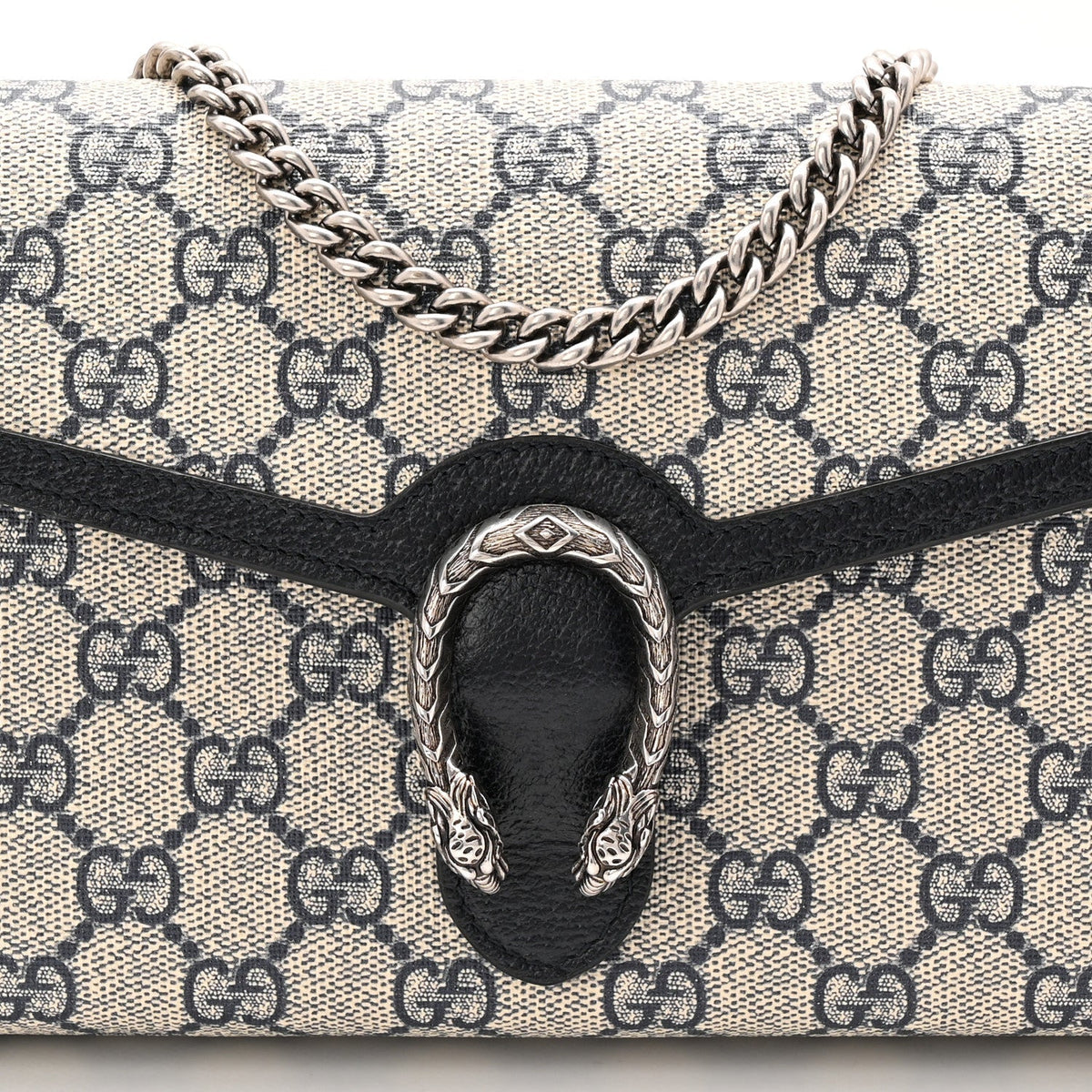 GG Supreme Monogram Textured Dollar Calfskin Mini Dionysus Chain Wallet Beige Blue