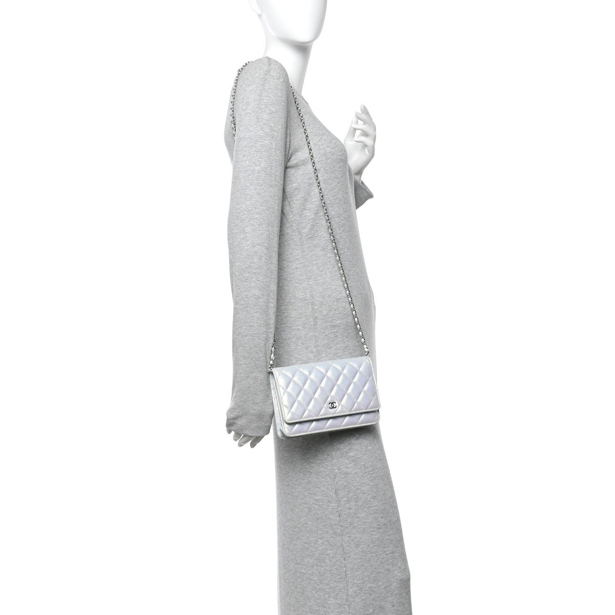 Iridescent Calfskin Quilted Wallet On Chain WOC Light Blue