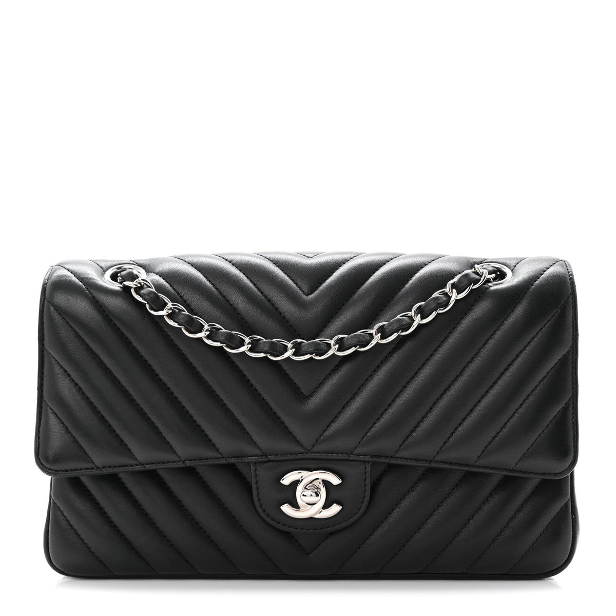 Lambskin Chevron Quilted Medium Double Flap Black