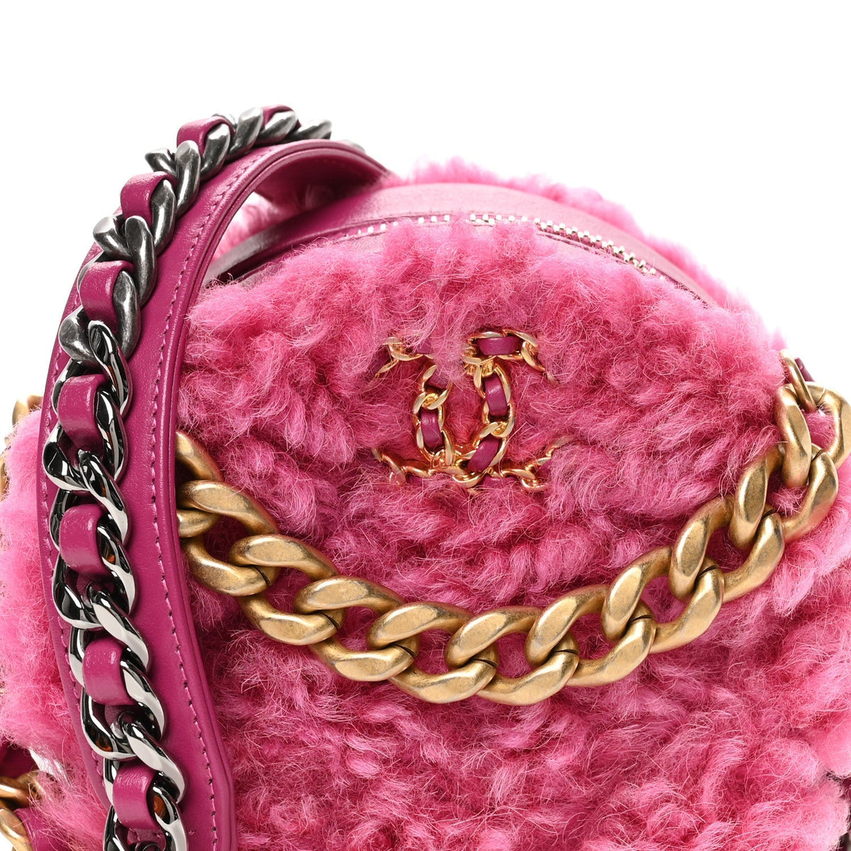 Shearling Sheepskin Chanel 19 Round Clutch With Chain Dark Pink