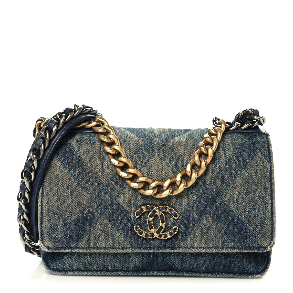 Denim Quilted Chanel 19 Wallet On Chain WOC Blue
