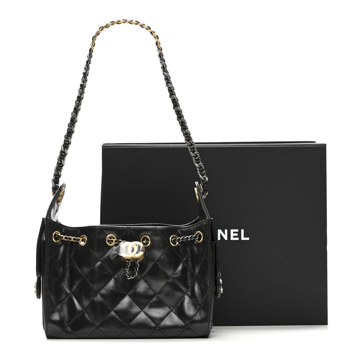 Shiny Crumpled Quilted Mini Chanel 25 Handbag Black