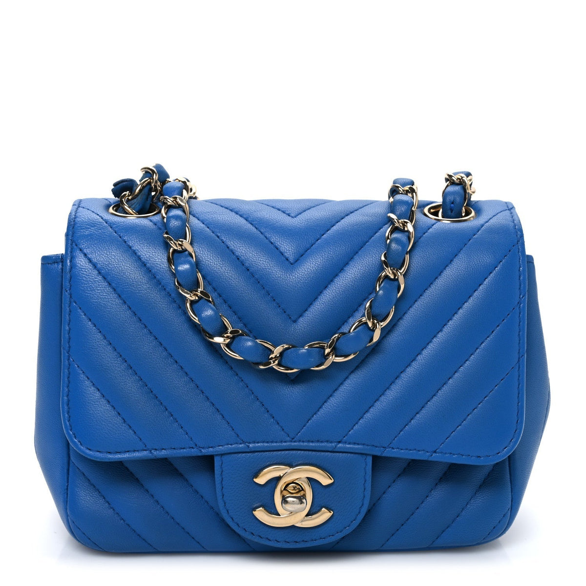 Lambskin Chevron Quilted Mini Square Flap Blue