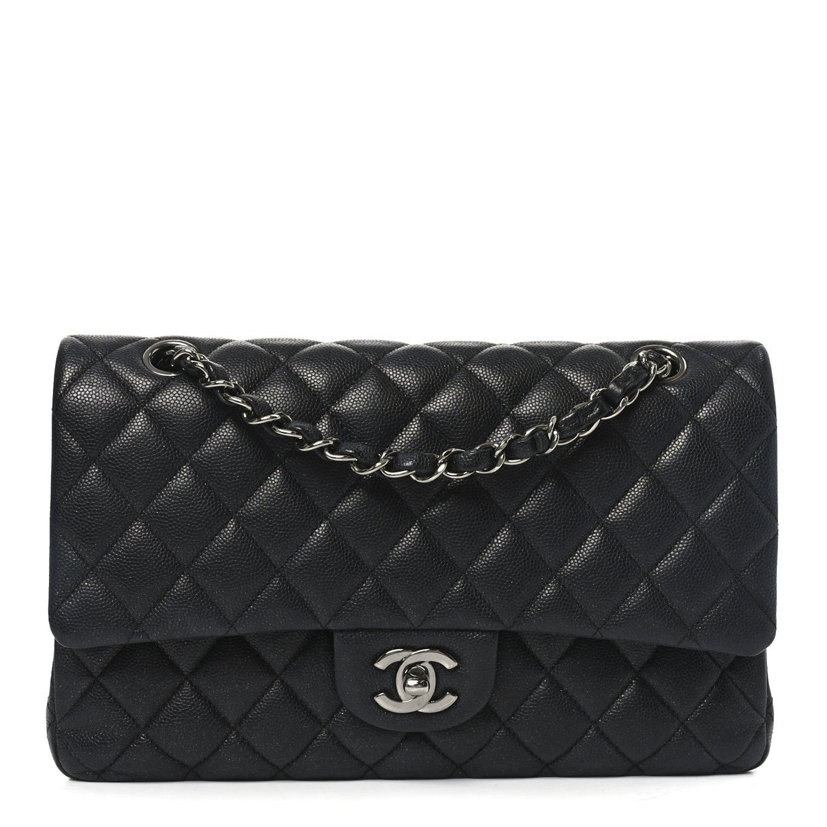 Iridescent Caviar Quilted Medium Double Flap Black