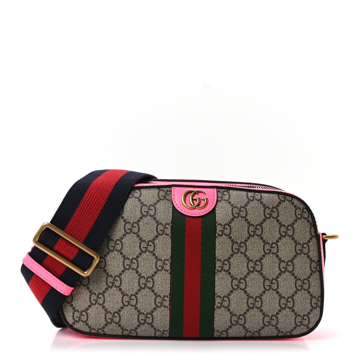 GG Supreme Monogram Textured Dollar Calfskin Web Ophidia Small Crossbody Bag Beige Ebony Fuchsia