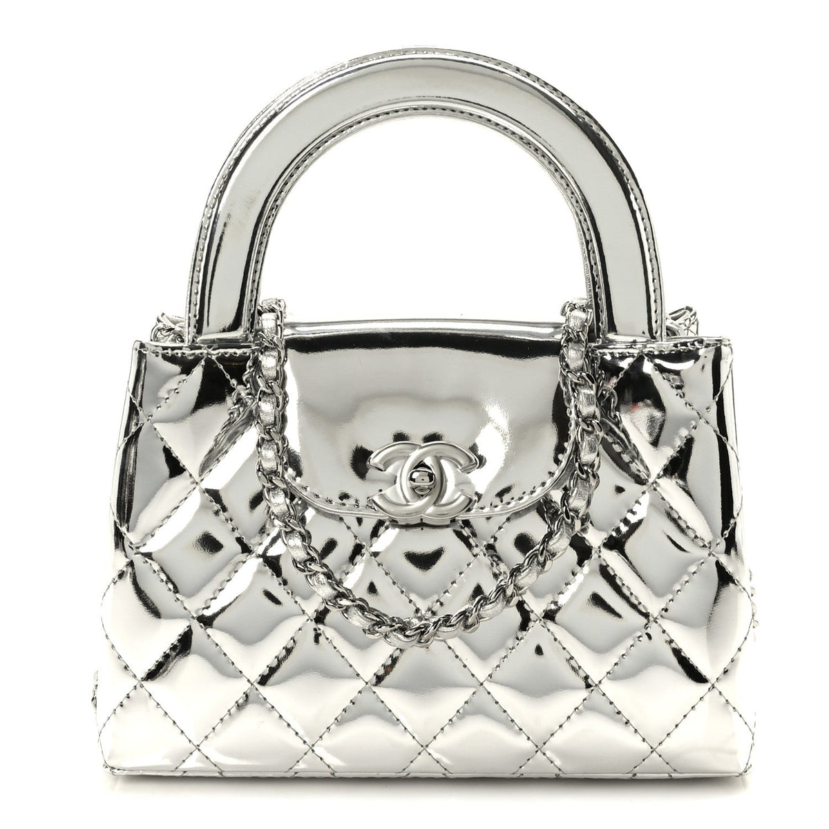 Mirror Calfskin Metallic Calfskin Quilted Nano Kelly Shopper Silvery