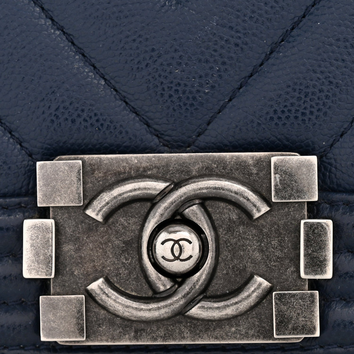 Caviar Chevron Quilted Medium Boy Flap Navy