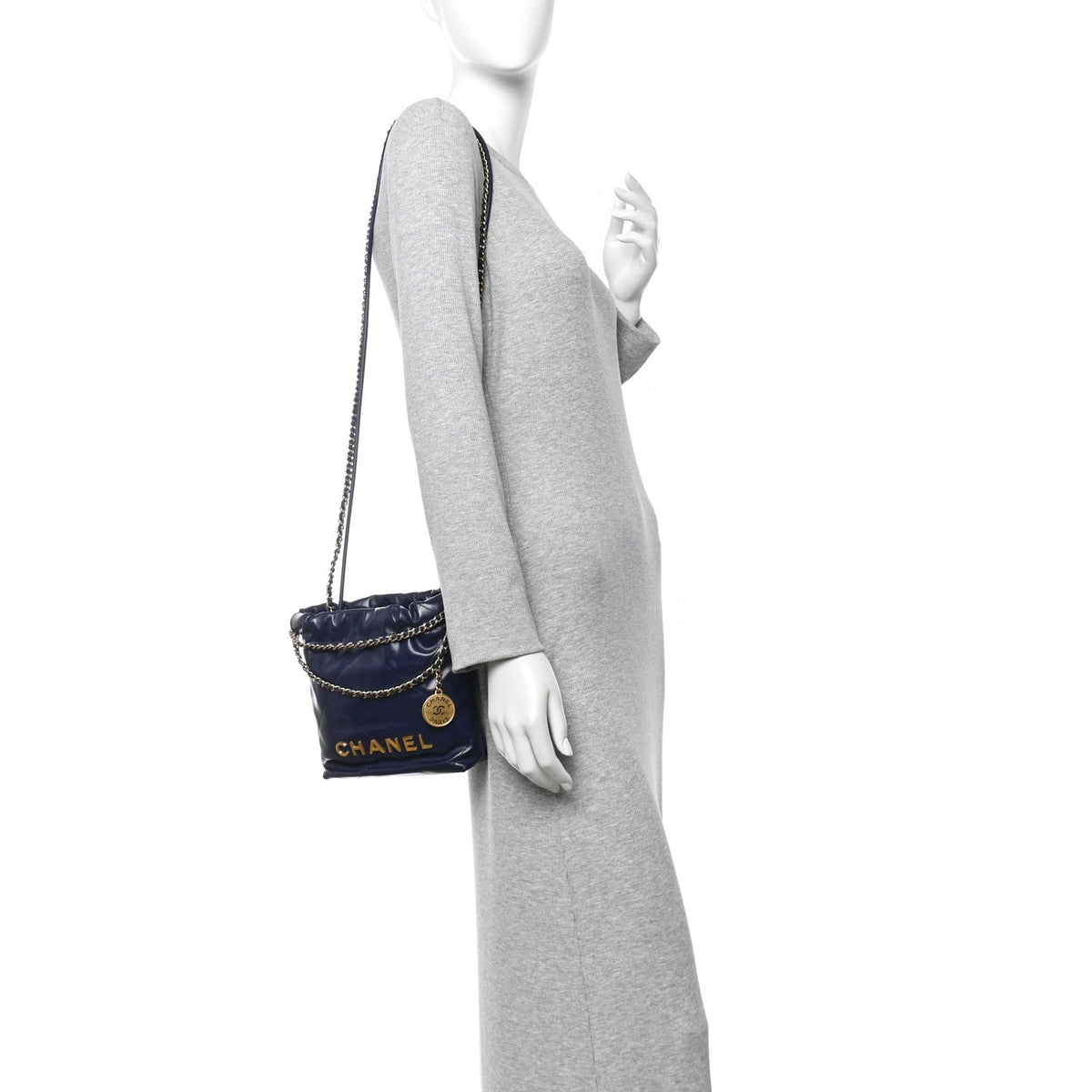 Shiny Calfskin Quilted Mini Chanel 22 Navy Blue