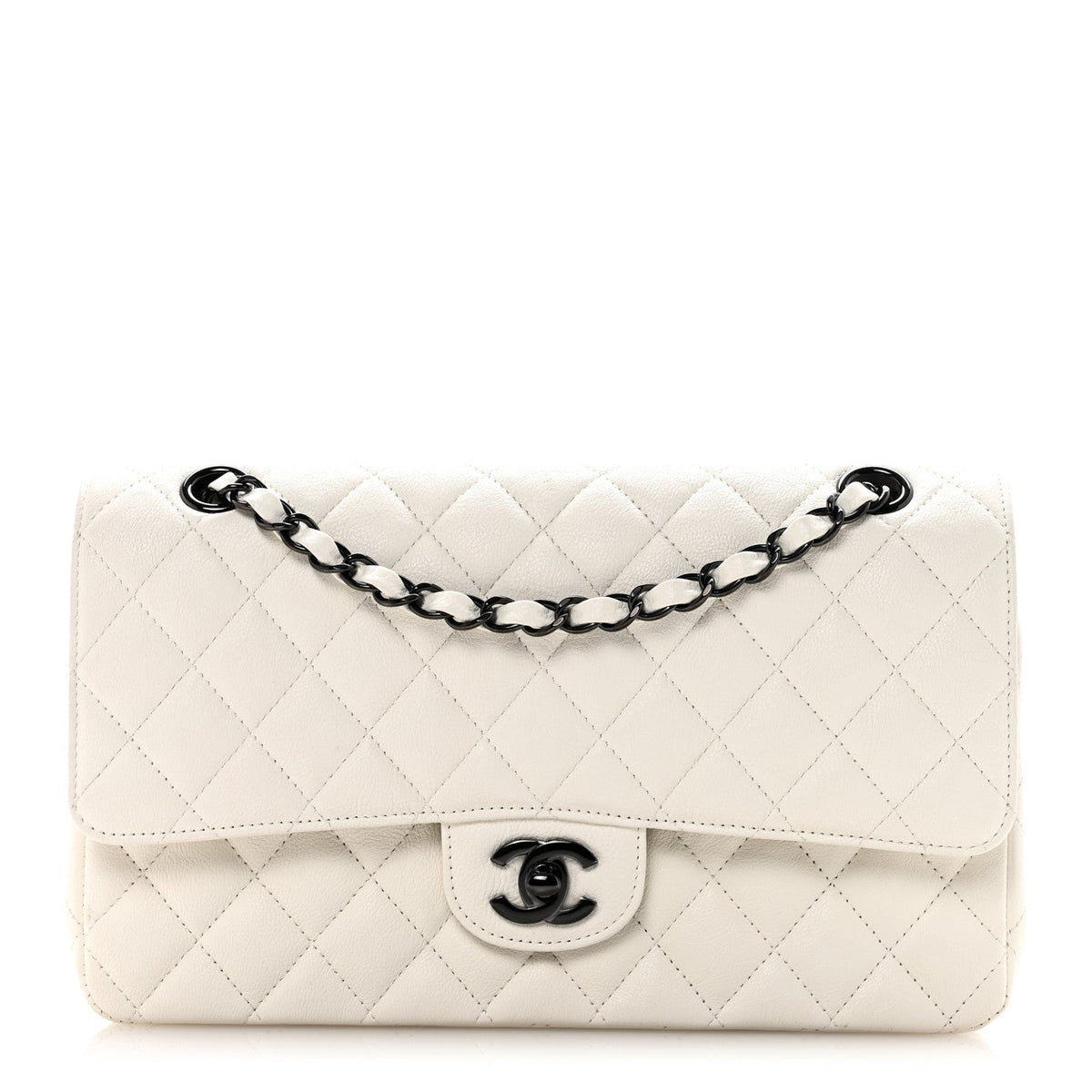 Crumpled Calfskin Quilted Medium Double Flap White