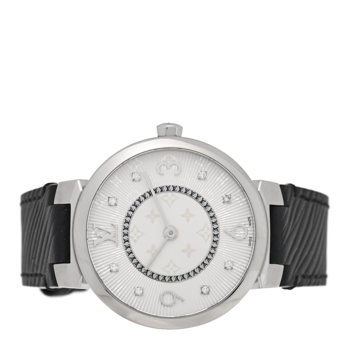 Stainless Steel Epi Diamond 33mm Tambour Slim Quartz Watch Black