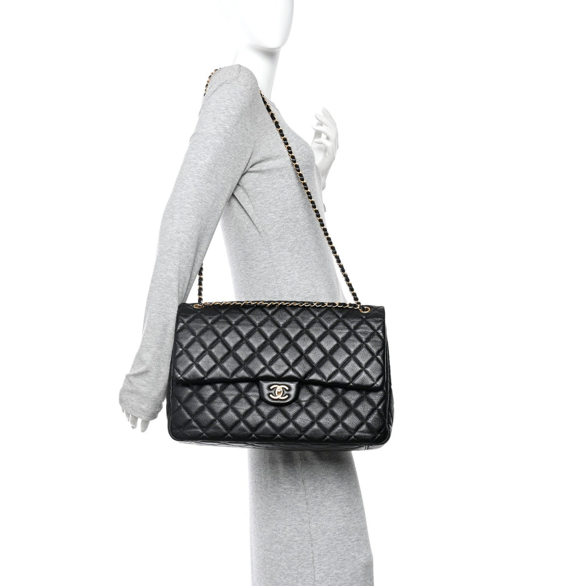 Grained Calfskin Quilted XXL Travel Flap Bag Black