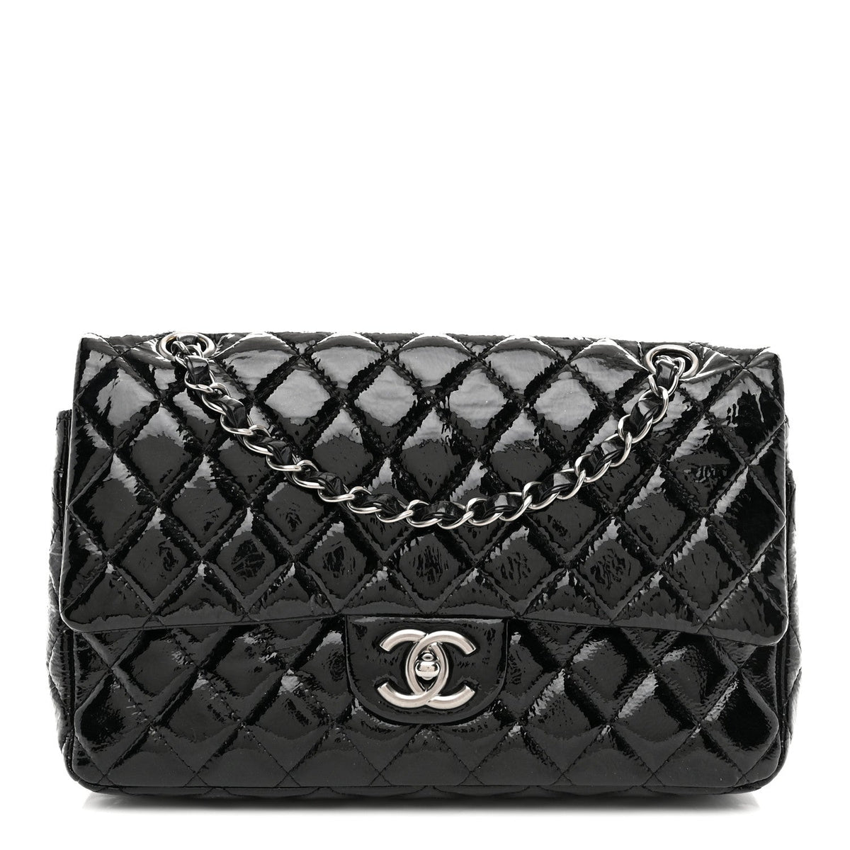 Distressed Patent Quilted Medium Double Flap Black