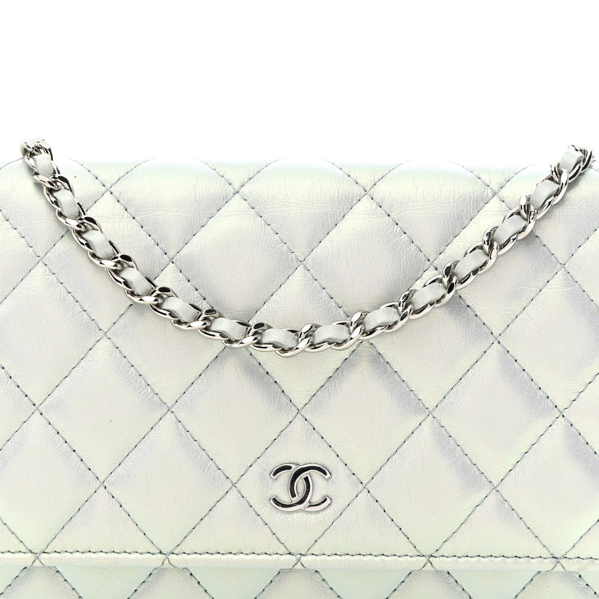 Iridescent Calfskin Quilted Wallet On Chain WOC Light Blue