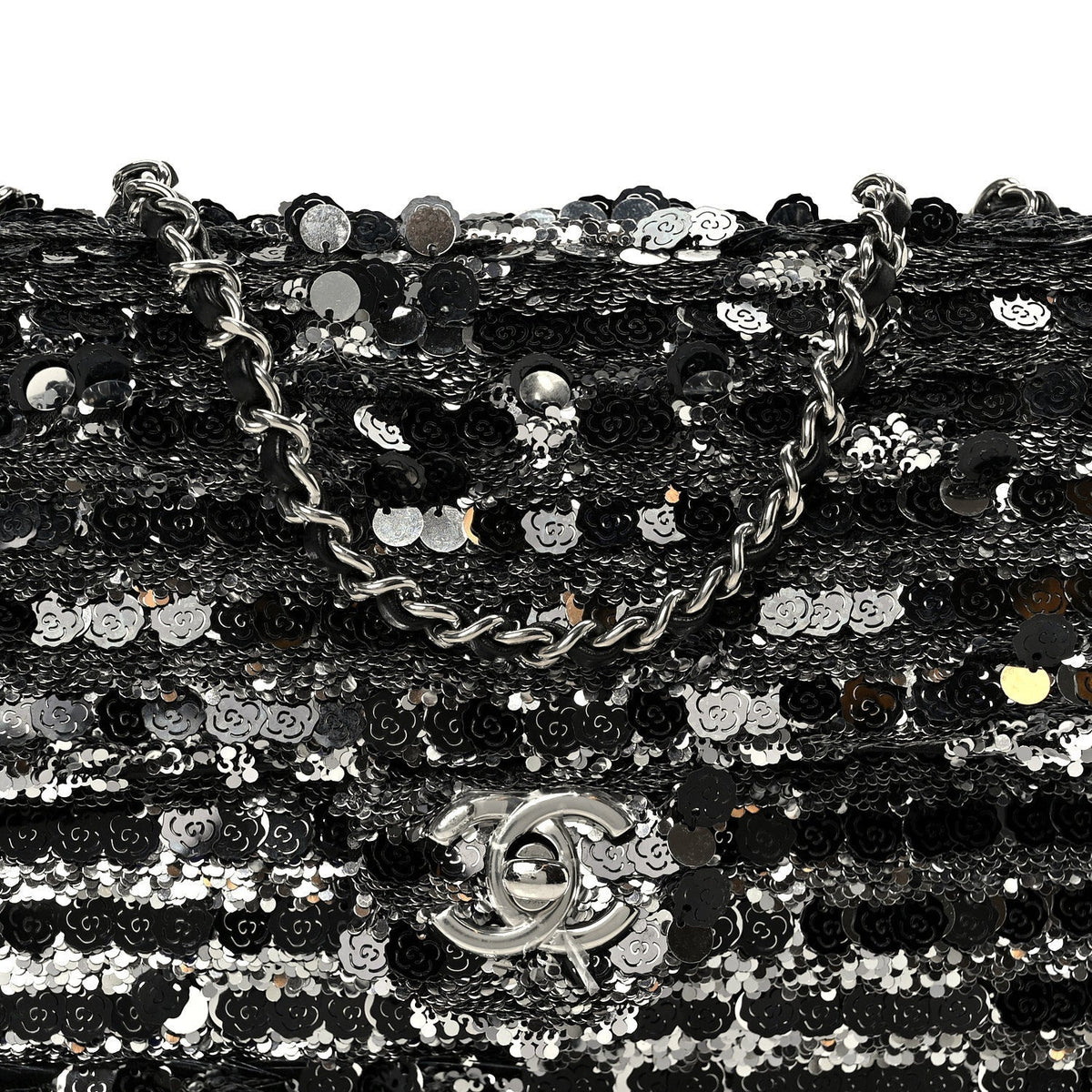 Sequin Camellia Small Single Flap Silver Black