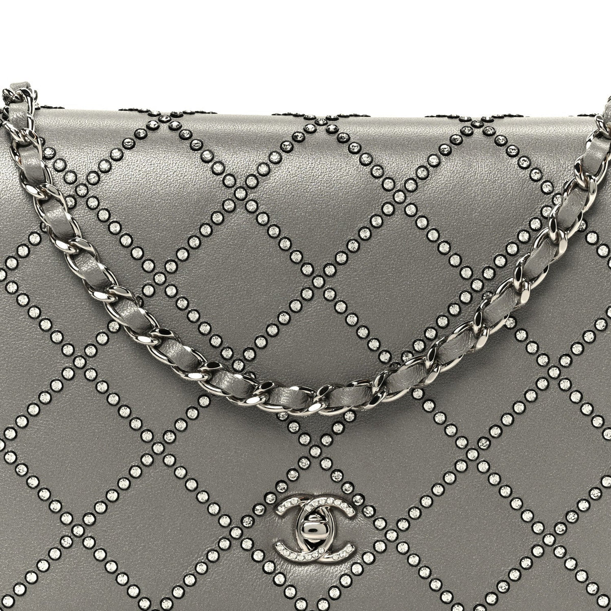 Lambskin Crystal Quilted Wallet On Chain WOC Grey