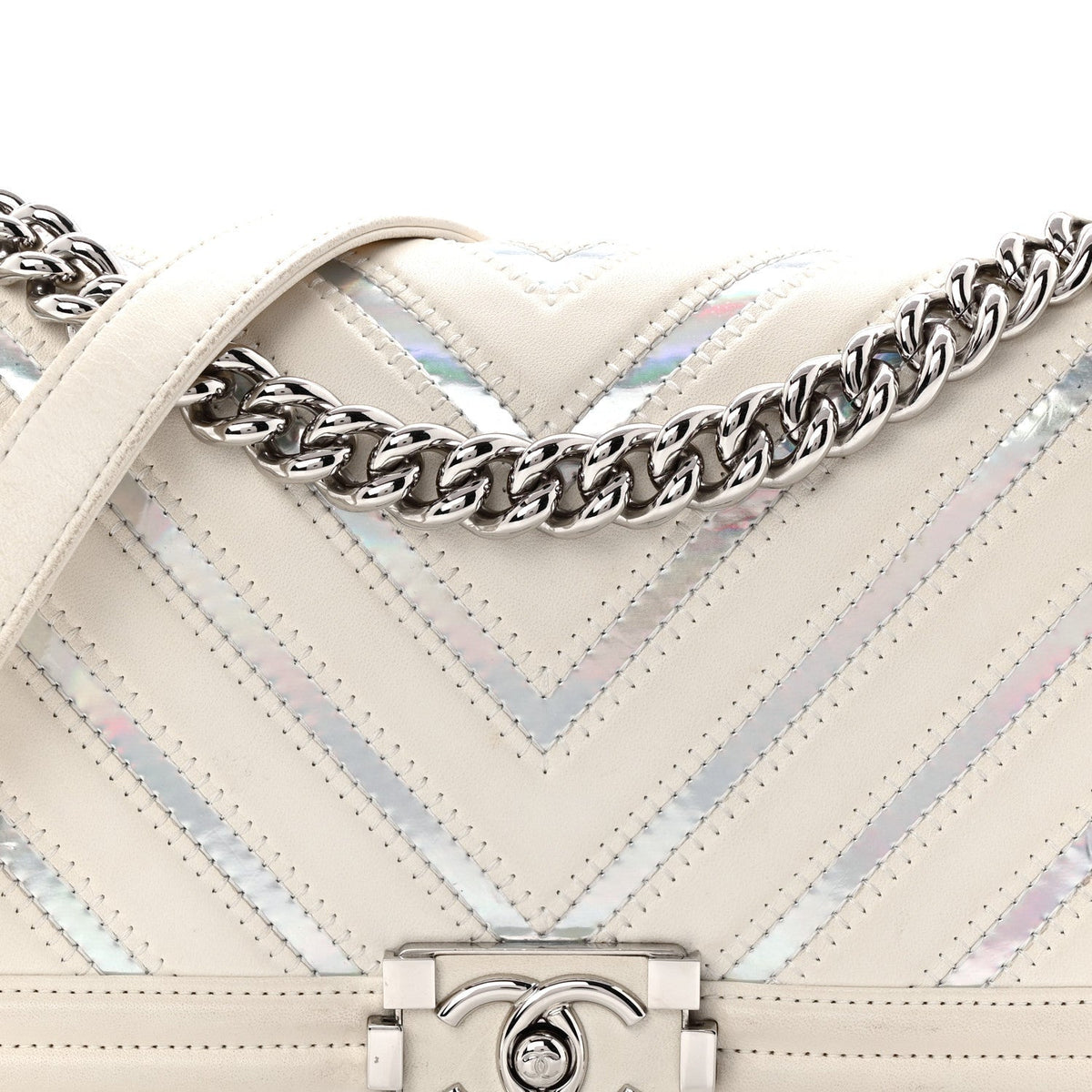 Lambskin Iridescent PVC Chevron Quilted Medium Boy Flap White Silver