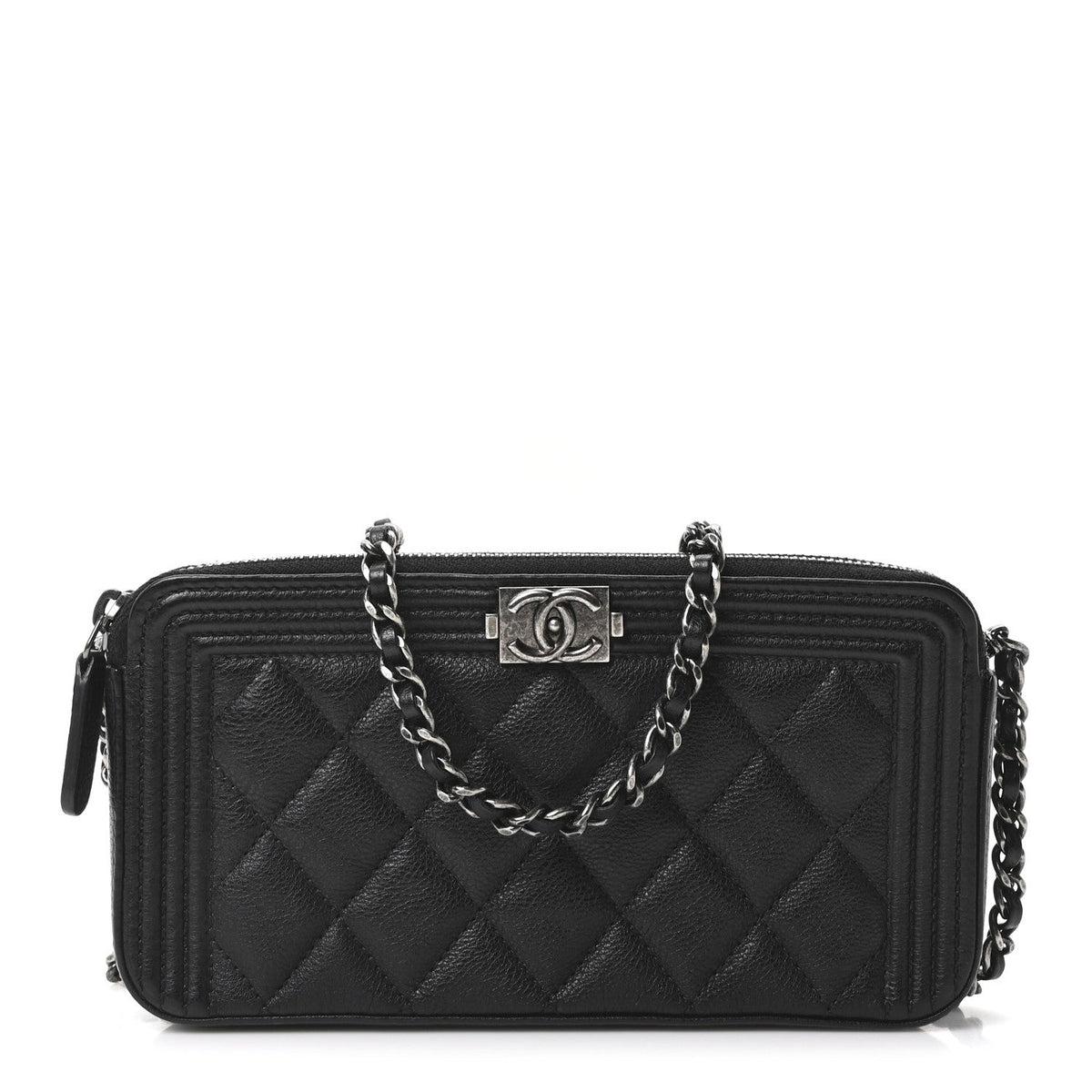 Grained Calfskin Quilted Boy Phone Holder Wallet On Chain Black