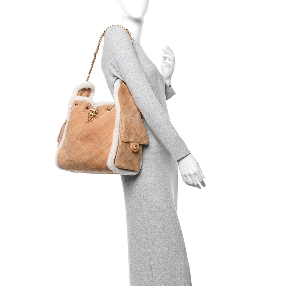 Suede Shearling Quilted Medium Chanel 25 Handbag Beige Natural