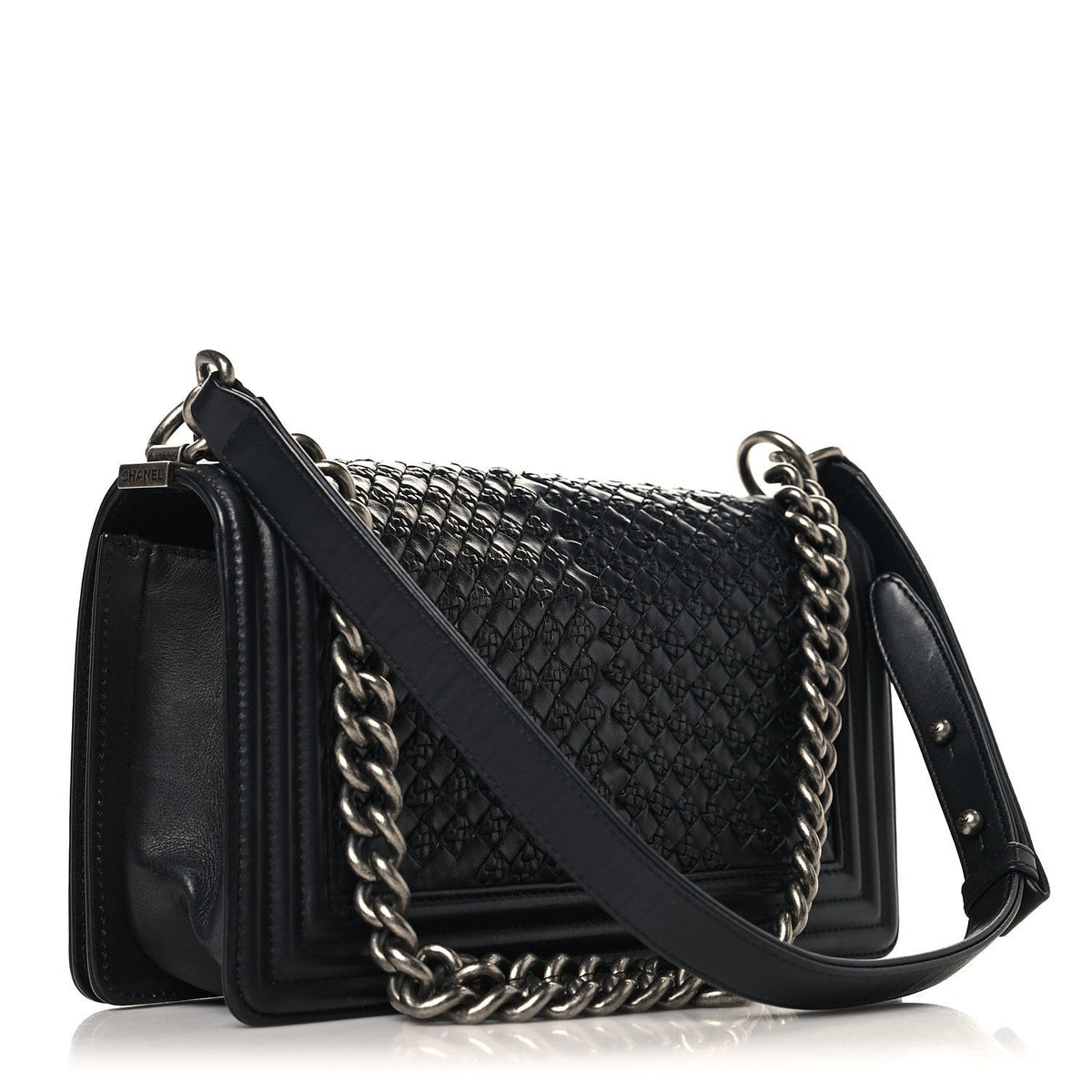 Lambskin Braided Woven Medium Boy Flap Black