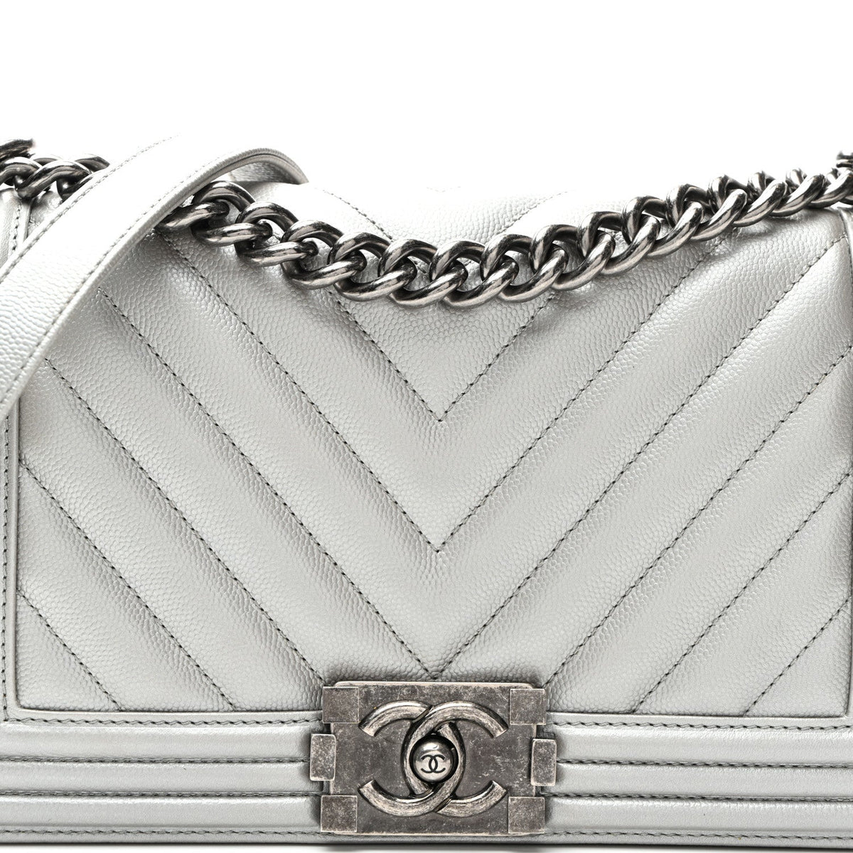 Metallic Caviar Chevron Quilted Medium Boy Flap Silver