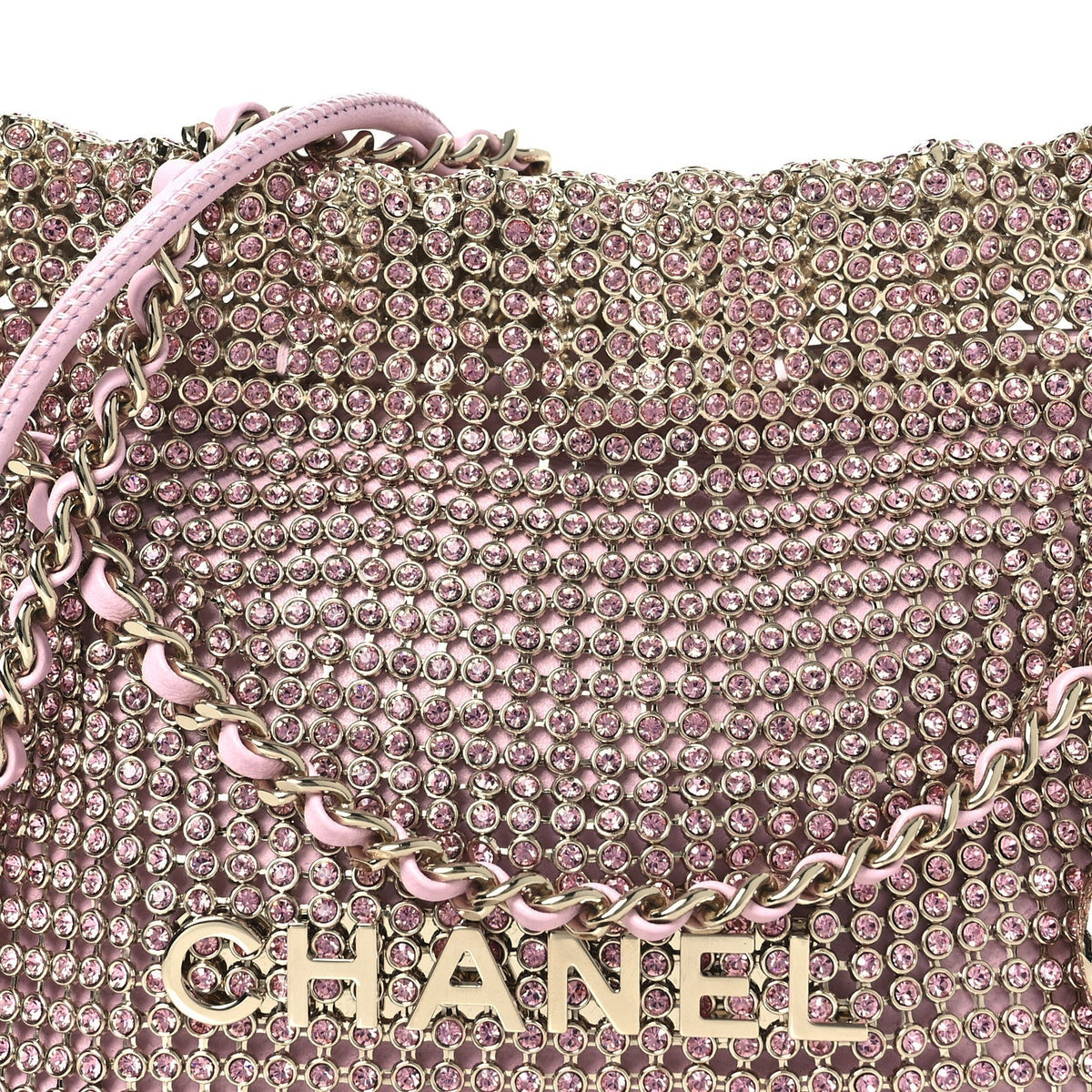 Crystal Embellished Metallic Lambskin Mini Chanel 22 Light Pink